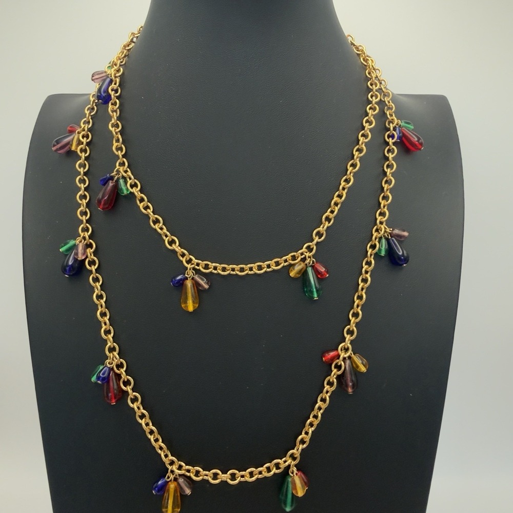 Vtg Joan Rivers Gold Tone Charm Necklace Droplet Glass Dangles Mogul Style 90s
